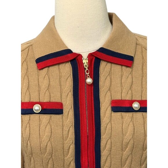 Talbots Cable Knit Full Zip Sweater Cardigan Tan Pearl Button Preppy Size PP/0-2 - Picture 4 of 10